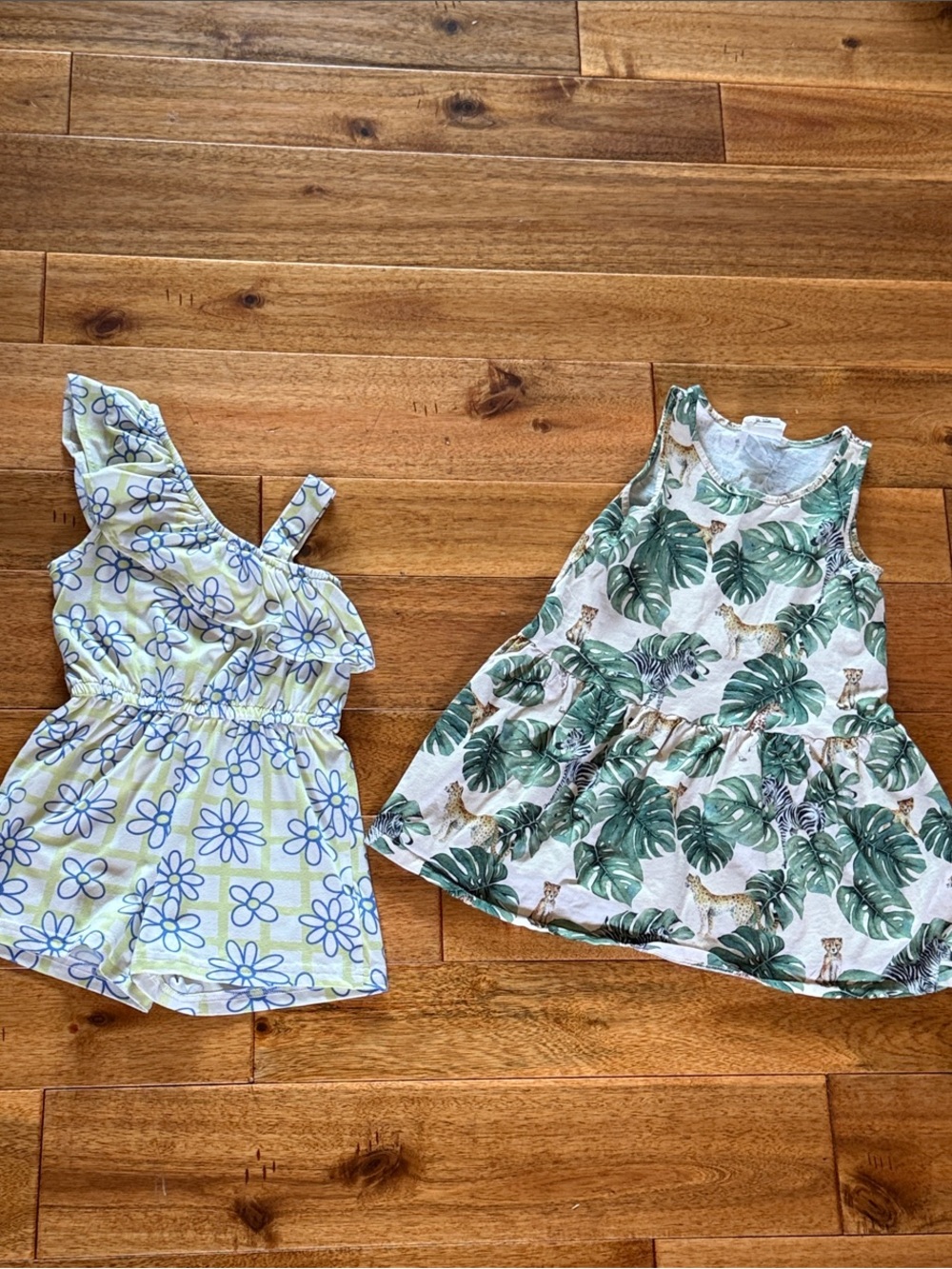 H&M Green & White Floral romper and Green Leaf Jungle Print dress